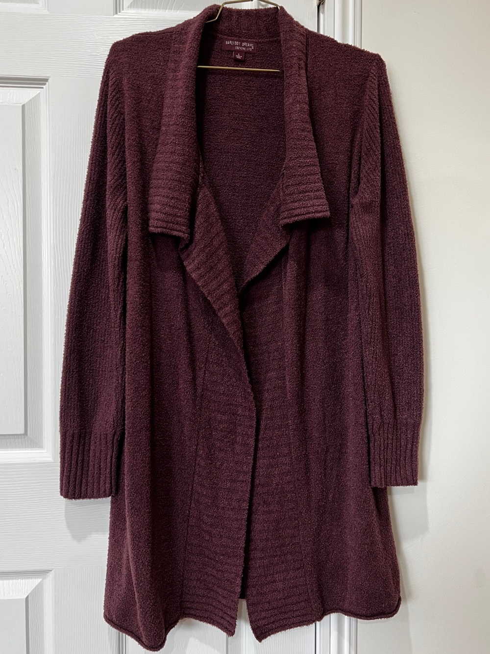 Barefoot Dreams CozyChic Lite Ribbed Sleeve Cardigan Size Large Maroon Comfy